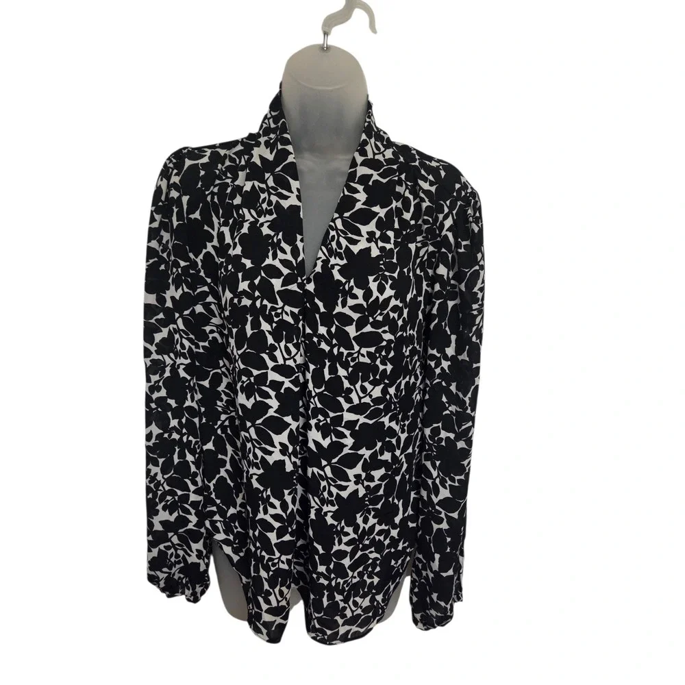 Michael Kors Womens‎ Black White Floral Leaf V-Neck Long Sleeve Blouse Size M